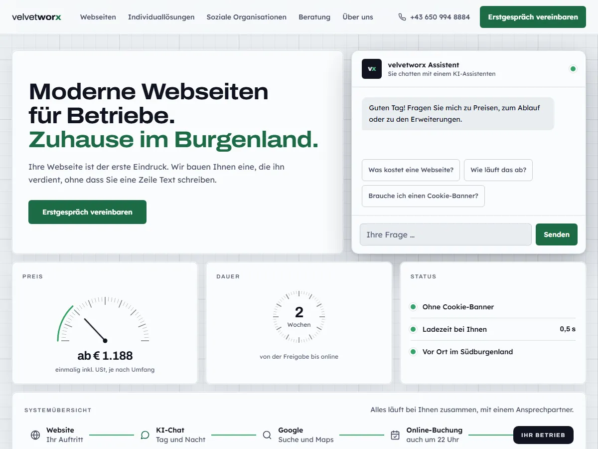 Die Startseite von velvetworx in der aktuellen Gestaltung: helles Bedienpult mit Instrumenten und Chat